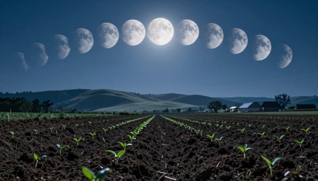 A serene night landscape showcasing the phases of the moon arranged in a circular pattern in the sky. In the foreground, rich, dark soil is spread across a small patch of land, with seedlings emerging vividly from it, symbolizing growth and fertility. The middle ground features soft, rolling hills under the moonlight, accentuating the texture of the earth. In the background, a tranquil farm setting with silhouettes of trees and a distant barn is softly illuminated by the moon. The scene is bathed in cool blue and silver hues, creating a peaceful atmosphere that conveys the connection between lunar cycles and planting traditions. The perspective is slightly elevated, capturing the expanse of the land under the moonlit sky.