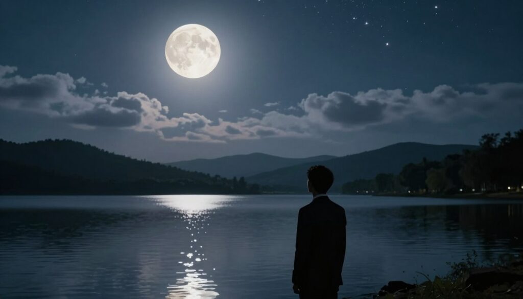 A serene night landscape under a luminous full moon, casting a soft, silvery glow across a tranquil lake. In the foreground, a silhouette of a person in professional attire gazes thoughtfully at their reflection in the water, embodying the contemplation of mood changes influenced by lunar phases. The middle ground features gentle rolling hills adorned with faint, wispy clouds that reflect the moon's light, creating a dreamlike atmosphere. In the background, starry skies stretch infinitely, with twinkling stars that signify the mysteries of behavior influenced by the moon. The overall mood is introspective and serene, with cool lighting that enhances the emotional depth, captured from a low angle to emphasize the grandeur of the moonlit scene. A serene night landscape under a luminous full moon, casting a soft, silvery glow across a tranquil lake. In the foreground, a silhouette of a person in professional attire gazes thoughtfully at their reflection in the water, embodying the contemplation of mood changes influenced by lunar phases. The middle ground features gentle rolling hills adorned with faint, wispy clouds that reflect the moon's light, creating a dreamlike atmosphere. In the background, starry skies stretch infinitely, with twinkling stars that signify the mysteries of behavior influenced by the moon. The overall mood is introspective and serene, with cool lighting that enhances the emotional depth, captured from a low angle to emphasize the grandeur of the moonlit scene.