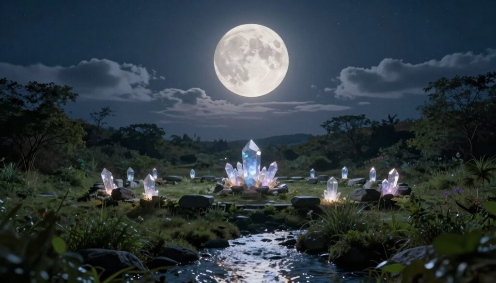 A serene night scene capturing lunar energy, with a large, luminous full moon casting a soft, silvery glow over a tranquil landscape. In the foreground, a gentle stream reflects the moonlight, surrounded by lush, green foliage. In the middle ground, a mystical stone circle adorned with glowing crystals represents clarity and focus, with subtle hints of ethereal light emanating from within. The background features a starlit sky, with wispy clouds drifting lazily, enhancing the peaceful atmosphere. The overall mood is calming and introspective, inviting viewers to reflect on the benefits of lunar energy. Capture this scene with a wide-angle perspective, using soft, diffused lighting to emphasize the calming effect of the moon and its connection to clarity. A serene night scene capturing lunar energy, with a large, luminous full moon casting a soft, silvery glow over a tranquil landscape. In the foreground, a gentle stream reflects the moonlight, surrounded by lush, green foliage. In the middle ground, a mystical stone circle adorned with glowing crystals represents clarity and focus, with subtle hints of ethereal light emanating from within. The background features a starlit sky, with wispy clouds drifting lazily, enhancing the peaceful atmosphere. The overall mood is calming and introspective, inviting viewers to reflect on the benefits of lunar energy. Capture this scene with a wide-angle perspective, using soft, diffused lighting to emphasize the calming effect of the moon and its connection to clarity.