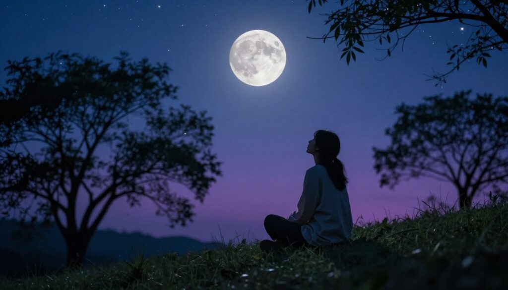 A serene night scene capturing the emotional influence of the moon on mental health. In the foreground, a person sitting cross-legged on a grassy hill, gazing up at a bright full moon surrounded by softly glowing stars. The midground features silhouetted trees with gentle swaying branches, creating a sense of calm and introspection. In the background, a soft gradient of deep blues and purples in the sky reflects the tranquil night atmosphere. The moonlight casts a silvery glow, illuminating the person's thoughtful expression, showcasing a moment of reflection. The scene is bathed in soft, ethereal lighting that enhances the peaceful and contemplative mood, inviting viewers to explore the connection between lunar cycles and emotional well-being.