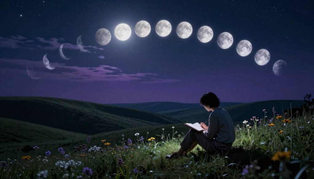 A serene night scene capturing the essence of emotional tracking aligned with the moon's cycles. In the foreground, a figure in modest casual clothing sits on a grassy knoll, journaling under the luminescent full moon, surrounded by glowing phases of the moon mapped out like a celestial calendar. In the middle ground, gentle hills roll away, dotted with wildflowers and softly illuminated by moonlight. The background features a starry sky transitioning from deep navy to subtle purples, with wisps of clouds gently floating past the moon. The lighting is ethereal, casting a calming glow, emphasizing introspection and tranquility. The atmosphere is reflective and peaceful, inviting viewers to connect with their emotions in harmony with lunar rhythms.