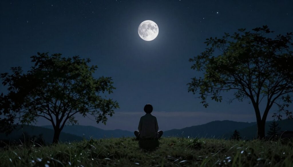 A serene night scene capturing the essence of the new moon, featuring a dark, inky sky scattered with glittering stars. In the foreground, a tranquil figure sits cross-legged on a soft, grassy hilltop, dressed in comfortable, modest clothing. They are gazing thoughtfully at the moon, which is hidden but casting a subtle glow around them, symbolizing intuition and introspection. The middle ground showcases delicate silhouettes of gently swaying trees, their leaves rustling softly in a gentle breeze, adding to the atmosphere of peace. In the background, the horizon reveals faint silhouettes of distant mountains under a velvety twilight, enhancing the mystical vibe. The entire image is illuminated by soft, ambient moonlight, casting a calm and reflective mood, perfect for the theme of introspection and intention-setting during the new moon phase. A serene night scene capturing the essence of the new moon, featuring a dark, inky sky scattered with glittering stars. In the foreground, a tranquil figure sits cross-legged on a soft, grassy hilltop, dressed in comfortable, modest clothing. They are gazing thoughtfully at the moon, which is hidden but casting a subtle glow around them, symbolizing intuition and introspection. The middle ground showcases delicate silhouettes of gently swaying trees, their leaves rustling softly in a gentle breeze, adding to the atmosphere of peace. In the background, the horizon reveals faint silhouettes of distant mountains under a velvety twilight, enhancing the mystical vibe. The entire image is illuminated by soft, ambient moonlight, casting a calm and reflective mood, perfect for the theme of introspection and intention-setting during the new moon phase.