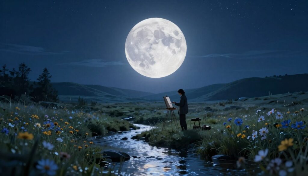 A serene night scene centered around a large, luminous full moon casting a soft glow over a tranquil landscape. In the foreground, a gentle stream reflects the moonlight, its banks adorned with blooming wildflowers symbolizing creativity. The middle ground features a silhouette of an artist at work, standing beside an easel, immersed in capturing the moonlit scenery, dressed in modest clothing. The background reveals distant hills under a starlit sky, creating a harmonious blend of nature and imagination. The atmosphere is tranquil and inspiring, with cool blue and silver tones dominating the scene. Soft lighting enhances the mystical feel, inviting contemplation and creativity, as if the moon itself is guiding the artist's hand. The composition emphasizes the enchanting connection between the moon and the creative spirit. A serene night scene centered around a large, luminous full moon casting a soft glow over a tranquil landscape. In the foreground, a gentle stream reflects the moonlight, its banks adorned with blooming wildflowers symbolizing creativity. The middle ground features a silhouette of an artist at work, standing beside an easel, immersed in capturing the moonlit scenery, dressed in modest clothing. The background reveals distant hills under a starlit sky, creating a harmonious blend of nature and imagination. The atmosphere is tranquil and inspiring, with cool blue and silver tones dominating the scene. Soft lighting enhances the mystical feel, inviting contemplation and creativity, as if the moon itself is guiding the artist's hand. The composition emphasizes the enchanting connection between the moon and the creative spirit.