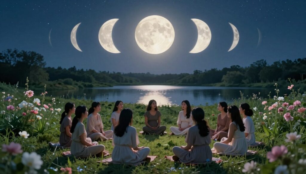 A serene night scene depicting a lunar cycle in its various phases illuminating a tranquil landscape. In the foreground, a diverse group of women in modest, casual attire sit in a circle, engaged in a discussion about fertility, under soft, glowing moonlight. The middle ground features lush greenery and gently swaying flowers that bloom in soft hues of pink and white, symbolizing fertility and growth. The background displays a star-studded sky, with the full moon radiating a gentle, soft light that casts ethereal reflections on a nearby calm lake. The atmosphere is calm and reflective, invoking a sense of connection with nature and the cosmos, emphasizing harmony and wellness. The image is brightly lit by moonlight, with a clear, crisp focus, while maintaining a peaceful ambiance. A serene night scene depicting a lunar cycle in its various phases illuminating a tranquil landscape. In the foreground, a diverse group of women in modest, casual attire sit in a circle, engaged in a discussion about fertility, under soft, glowing moonlight. The middle ground features lush greenery and gently swaying flowers that bloom in soft hues of pink and white, symbolizing fertility and growth. The background displays a star-studded sky, with the full moon radiating a gentle, soft light that casts ethereal reflections on a nearby calm lake. The atmosphere is calm and reflective, invoking a sense of connection with nature and the cosmos, emphasizing harmony and wellness. The image is brightly lit by moonlight, with a clear, crisp focus, while maintaining a peaceful ambiance.