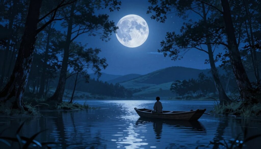 A serene night scene depicting a mystical blue moon illuminating a quiet landscape. In the foreground, a tranquil lake reflects the moonlight with shimmering ripples. Silhouettes of ancient trees line the shore, their branches gently swaying in an evening breeze. In the middle ground, a small wooden boat with a lone figure in modest casual attire gazes at the moon, representing contemplation and folklore. The background features gently rolling hills under a starry sky punctuated by the vibrant blue hues of the moon. Soft, ethereal lighting enhances the dreamlike atmosphere, inviting a sense of wonder and magic, while the camera angle captures a wide view to embrace the vastness of the night. A serene night scene depicting a mystical blue moon illuminating a quiet landscape. In the foreground, a tranquil lake reflects the moonlight with shimmering ripples. Silhouettes of ancient trees line the shore, their branches gently swaying in an evening breeze. In the middle ground, a small wooden boat with a lone figure in modest casual attire gazes at the moon, representing contemplation and folklore. The background features gently rolling hills under a starry sky punctuated by the vibrant blue hues of the moon. Soft, ethereal lighting enhances the dreamlike atmosphere, inviting a sense of wonder and magic, while the camera angle captures a wide view to embrace the vastness of the night.