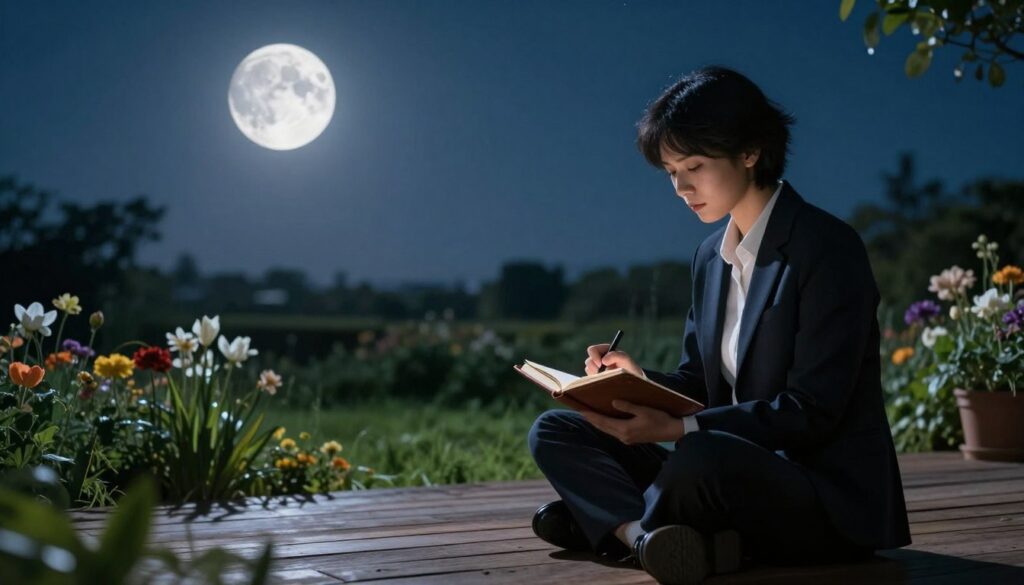 A serene night scene depicting a new moon illuminating a tranquil landscape. In the foreground, a person in professional business attire, seated cross-legged on a wooden deck, is thoughtfully writing intentions and goals in a leather journal. The middle ground features a lush garden with blooming flowers and soft grasses, symbolizing growth and new beginnings. The background showcases a clear, starlit sky with a prominent new moon, casting gentle silver light across the scene. The atmosphere exudes calmness and focus, with soft, diffused lighting highlighting the person's expression of contemplation. The composition should capture a sense of connection to nature and the lunar cycle, inviting viewers to embrace the theme of setting intentions.