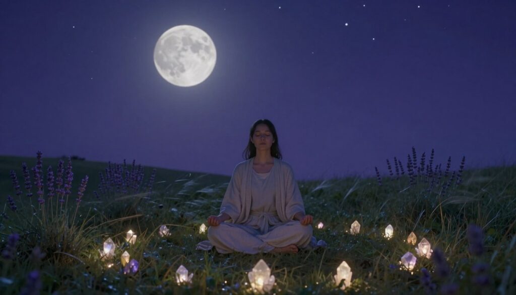A serene night scene depicting a person seated cross-legged on a grassy hilltop under a luminous new moon, surrounded by twinkling stars. The foreground features soft, glowing crystals arranged in a circular pattern, symbolizing lunar energy. The middle ground includes a gentle breeze rustling the grass and delicate lavender flowers nearby, enhancing the calming atmosphere. In the background, a vast expanse of deep indigo sky contrasts beautifully with the pale moonlight illuminating the scene. The person, dressed in modest, flowing attire, closes their eyes in meditation, embodying focus and intention. Soft, ambient lighting captures the tranquility of the moment, with the angle slightly elevated to convey depth and connection to the cosmos. The overall mood is peaceful, reflective, and harmonious, suitable for the theme of lunar manifestation. A serene night scene depicting a person seated cross-legged on a grassy hilltop under a luminous new moon, surrounded by twinkling stars. The foreground features soft, glowing crystals arranged in a circular pattern, symbolizing lunar energy. The middle ground includes a gentle breeze rustling the grass and delicate lavender flowers nearby, enhancing the calming atmosphere. In the background, a vast expanse of deep indigo sky contrasts beautifully with the pale moonlight illuminating the scene. The person, dressed in modest, flowing attire, closes their eyes in meditation, embodying focus and intention. Soft, ambient lighting captures the tranquility of the moment, with the angle slightly elevated to convey depth and connection to the cosmos. The overall mood is peaceful, reflective, and harmonious, suitable for the theme of lunar manifestation.