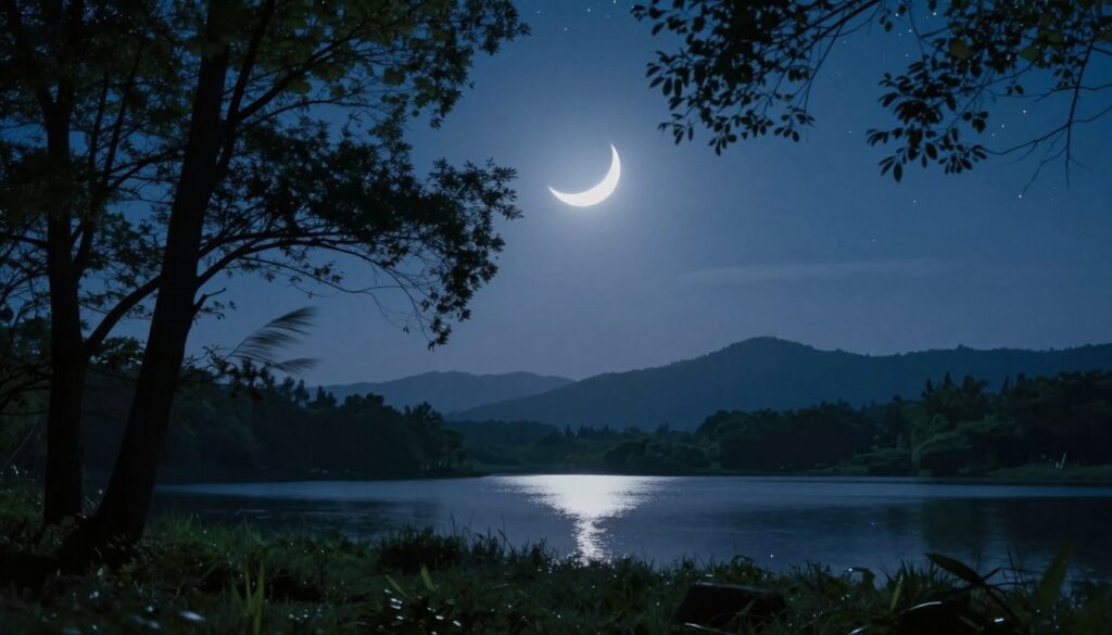 A serene night scene depicting a waning crescent moon softly illuminating a tranquil landscape. In the foreground, delicate silhouettes of silhouetted trees arch gracefully towards the sky, their branches gently swaying in a light breeze. The middle ground features a calm lake reflecting the moon's gentle glow, surrounded by lush greenery. In the background, distant mountains rise under a deep indigo sky sprinkled with twinkling stars, creating an atmosphere of peace and contemplation. Soft, diffused moonlight bathes the entire scene, casting gentle shadows and enhancing the tranquil colors of midnight blues and silvers. The mood is one of serene stillness and introspection, inviting viewers to reflect on the quiet beauty of the natural world. A serene night scene depicting a waning crescent moon softly illuminating a tranquil landscape. In the foreground, delicate silhouettes of silhouetted trees arch gracefully towards the sky, their branches gently swaying in a light breeze. The middle ground features a calm lake reflecting the moon's gentle glow, surrounded by lush greenery. In the background, distant mountains rise under a deep indigo sky sprinkled with twinkling stars, creating an atmosphere of peace and contemplation. Soft, diffused moonlight bathes the entire scene, casting gentle shadows and enhancing the tranquil colors of midnight blues and silvers. The mood is one of serene stillness and introspection, inviting viewers to reflect on the quiet beauty of the natural world.