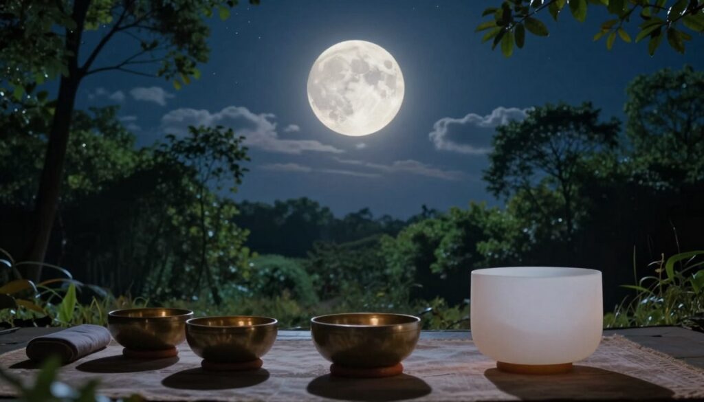 A serene night scene depicting a waning moon, softly illuminated and surrounded by a gentle, glowing aura. In the foreground, a tranquil space is set with a meditation cushion and singing bowls that reflect the moonlight, symbolizing sound healing. The middle ground features lush, dark green trees that create a calming frame, and the background reveals a starry, deep blue sky with scattered clouds, enhancing the mystical atmosphere. The lighting should be ethereal and soft, casting delicate shadows that evoke a sense of peace. The overall mood is one of introspection and tranquility, inviting the viewer to explore the concepts of energetic detox and healing. A serene night scene depicting a waning moon, softly illuminated and surrounded by a gentle, glowing aura. In the foreground, a tranquil space is set with a meditation cushion and singing bowls that reflect the moonlight, symbolizing sound healing. The middle ground features lush, dark green trees that create a calming frame, and the background reveals a starry, deep blue sky with scattered clouds, enhancing the mystical atmosphere. The lighting should be ethereal and soft, casting delicate shadows that evoke a sense of peace. The overall mood is one of introspection and tranquility, inviting the viewer to explore the concepts of energetic detox and healing.