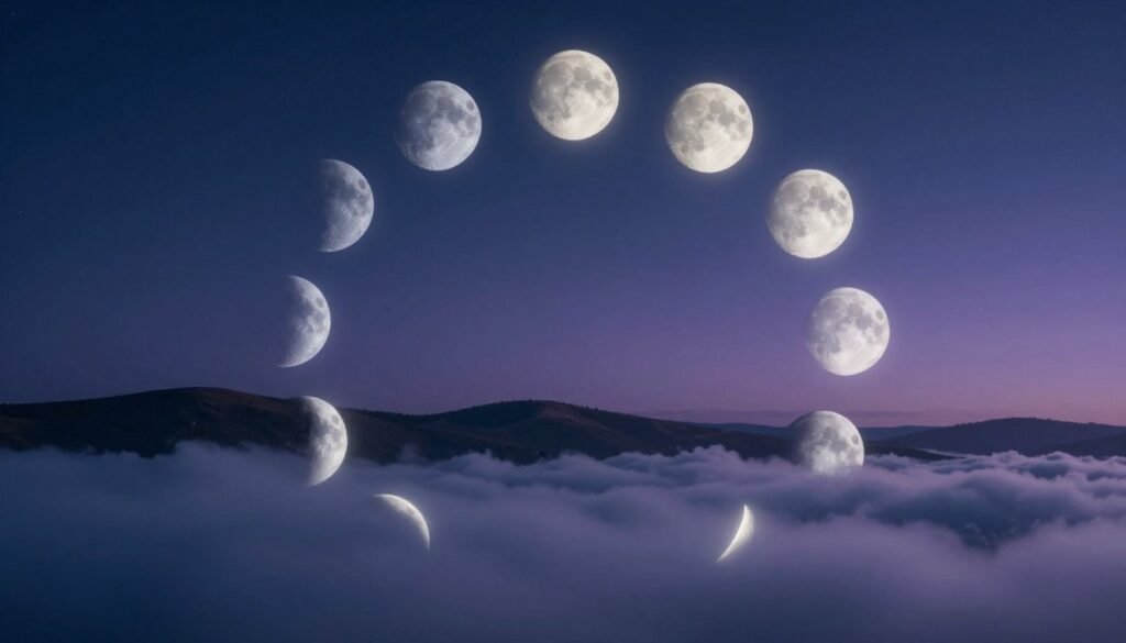 A serene night scene depicting all eight moon phases arranged in a circular pattern, each phase reflecting distinct emotional states—new moon for calmness, waxing crescent for hope, first quarter for determination, waxing gibbous for excitement, full moon for clarity and joy, waning gibbous for reflection, last quarter for acceptance, and waning crescent for introspection. In the foreground, soft, flowing clouds partially obscure the moons, adding depth and mystery. The middle ground features gentle hills silhouetted against a starry sky, casting a tranquil atmosphere. The background is a gradient of deep blues to soft purples, illuminated by subtle silver moonlight, creating a dreamy ambiance. Ideal lighting emphasizes a serene and contemplative mood, captured with a slight wide-angle perspective to enhance the lunar display. A serene night scene depicting all eight moon phases arranged in a circular pattern, each phase reflecting distinct emotional states—new moon for calmness, waxing crescent for hope, first quarter for determination, waxing gibbous for excitement, full moon for clarity and joy, waning gibbous for reflection, last quarter for acceptance, and waning crescent for introspection. In the foreground, soft, flowing clouds partially obscure the moons, adding depth and mystery. The middle ground features gentle hills silhouetted against a starry sky, casting a tranquil atmosphere. The background is a gradient of deep blues to soft purples, illuminated by subtle silver moonlight, creating a dreamy ambiance. Ideal lighting emphasizes a serene and contemplative mood, captured with a slight wide-angle perspective to enhance the lunar display.