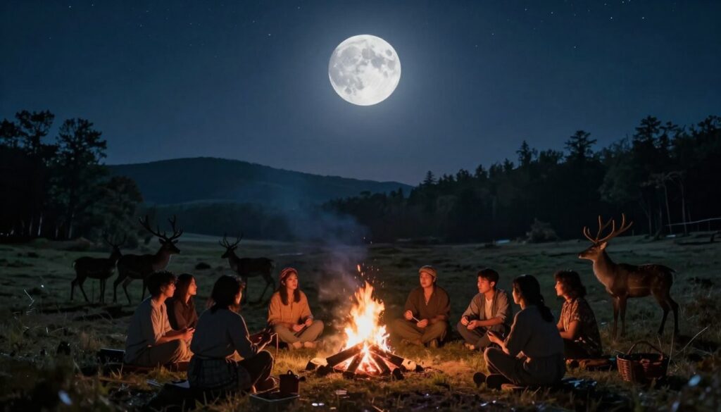 A serene night scene depicting the Buck Moon in a clear starry sky, casting a gentle, silvery light over a tranquil landscape. In the foreground, a group of people in modest casual clothing gather around a large bonfire, sharing stories and traditional crafts, symbolizing community celebration. In the middle ground, silhouettes of majestic deer can be seen grazing peacefully, representing the moon’s namesake and connection to nature. The background features rolling hills and a dense forest, softly illuminated by moonlight, creating a mystical atmosphere. The composition is captured from a low angle to emphasize the brightness of the moon above, evoking a sense of reverence and harmony with nature, enhanced by a warm, inviting glow from the fire. A serene night scene depicting the Buck Moon in a clear starry sky, casting a gentle, silvery light over a tranquil landscape. In the foreground, a group of people in modest casual clothing gather around a large bonfire, sharing stories and traditional crafts, symbolizing community celebration. In the middle ground, silhouettes of majestic deer can be seen grazing peacefully, representing the moon’s namesake and connection to nature. The background features rolling hills and a dense forest, softly illuminated by moonlight, creating a mystical atmosphere. The composition is captured from a low angle to emphasize the brightness of the moon above, evoking a sense of reverence and harmony with nature, enhanced by a warm, inviting glow from the fire.