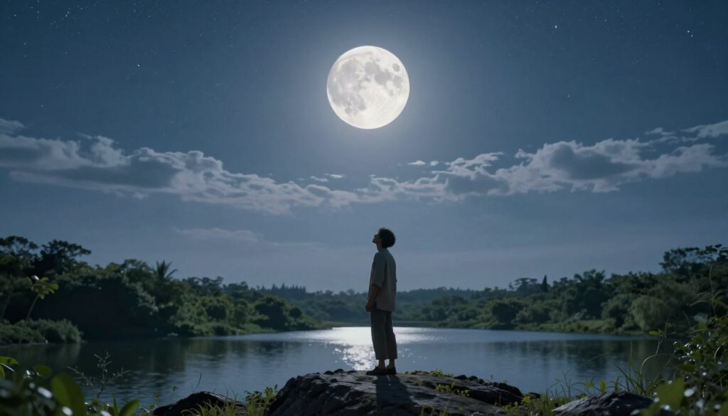 A serene night scene depicting the First Quarter Moon glowing brightly in the sky, casting a gentle silver light over a tranquil landscape. In the foreground, a figure in modest, casual clothing stands on a rocky outcrop, looking up at the moon with a thoughtful expression, symbolizing introspection and intuition. The middle ground features lush greenery and a calm, reflecting lake, providing a sense of peace and connection with nature. The background showcases a starry sky, filled with twinkling stars and soft clouds, enhancing the celestial theme. The overall mood is contemplative and inspiring, with soft lighting that creates a dreamy atmosphere. Use a wide-angle lens to capture the expansive sky and the figure's connection to the cosmos, inviting viewers to embrace their own intuitive journey. A serene night scene depicting the First Quarter Moon glowing brightly in the sky, casting a gentle silver light over a tranquil landscape. In the foreground, a figure in modest, casual clothing stands on a rocky outcrop, looking up at the moon with a thoughtful expression, symbolizing introspection and intuition. The middle ground features lush greenery and a calm, reflecting lake, providing a sense of peace and connection with nature. The background showcases a starry sky, filled with twinkling stars and soft clouds, enhancing the celestial theme. The overall mood is contemplative and inspiring, with soft lighting that creates a dreamy atmosphere. Use a wide-angle lens to capture the expansive sky and the figure's connection to the cosmos, inviting viewers to embrace their own intuitive journey.