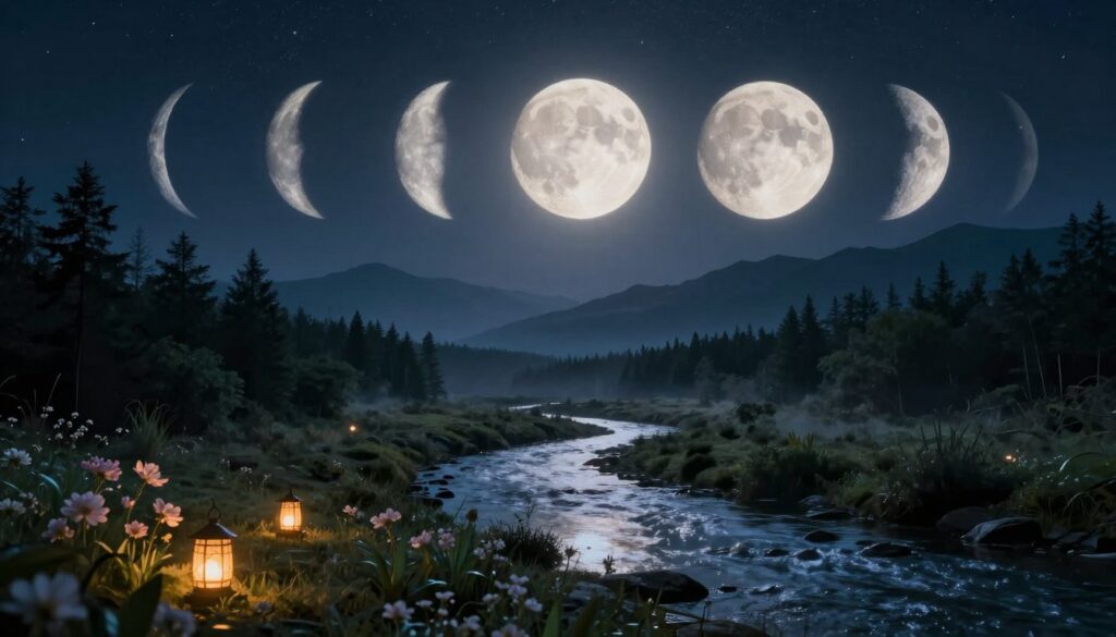 A serene night scene depicting the different lunar phases transitioning across the sky, illustrating the concept of lunar manifestation. In the foreground, a tranquil forest clearing with blooming flowers and softly glowing lanterns, symbolizing growth and intention. The middle ground showcases a gently flowing river reflecting the luminous moon phases—new, waxing, full, and waning—each distinctly illuminated, casting a gentle glow. In the background, majestic mountains rise under a starry sky, hinting at the vastness of potential. The lighting is soft and ethereal, enhancing the calming atmosphere, while a slight mist adds a mystical touch. The composition is balanced, inviting viewers to connect their aspirations with the natural rhythm of the lunar cycle. A serene night scene depicting the different lunar phases transitioning across the sky, illustrating the concept of lunar manifestation. In the foreground, a tranquil forest clearing with blooming flowers and softly glowing lanterns, symbolizing growth and intention. The middle ground showcases a gently flowing river reflecting the luminous moon phases—new, waxing, full, and waning—each distinctly illuminated, casting a gentle glow. In the background, majestic mountains rise under a starry sky, hinting at the vastness of potential. The lighting is soft and ethereal, enhancing the calming atmosphere, while a slight mist adds a mystical touch. The composition is balanced, inviting viewers to connect their aspirations with the natural rhythm of the lunar cycle.