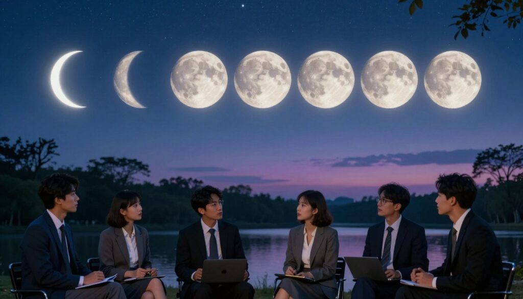 A serene night scene depicting the eight phases of the moon transitioning from new to full against a twilight sky. In the foreground, a group of diverse individuals dressed in professional business attire, engaged in animated discussions, with expressions reflecting different emotions influenced by the moon's phases. In the middle ground, silhouettes of trees and a calm body of water reflecting the moonlight create depth. The background features a starry sky, subtly illuminated by a glowing crescent moon and soft gradients of blue and purple. The atmosphere is contemplative yet dynamic, evoking a sense of curiosity about the connection between lunar cycles and social behavior. Soft, diffused lighting enhances the moody ambiance, inviting viewers to explore the theme further. A serene night scene depicting the eight phases of the moon transitioning from new to full against a twilight sky. In the foreground, a group of diverse individuals dressed in professional business attire, engaged in animated discussions, with expressions reflecting different emotions influenced by the moon's phases. In the middle ground, silhouettes of trees and a calm body of water reflecting the moonlight create depth. The background features a starry sky, subtly illuminated by a glowing crescent moon and soft gradients of blue and purple. The atmosphere is contemplative yet dynamic, evoking a sense of curiosity about the connection between lunar cycles and social behavior. Soft, diffused lighting enhances the moody ambiance, inviting viewers to explore the theme further.