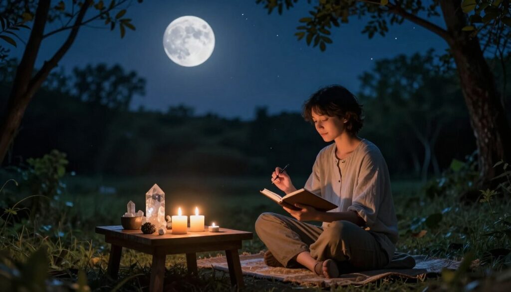 A serene night scene depicting the first quarter moon illuminating a tranquil landscape. In the foreground, a small wooden table holds a collection of crystals and candles, emitting a soft, warm glow. In the middle, a person dressed in modest casual clothing sits cross-legged on a natural mat, focused on aligning their intentions with the moon’s energy; they have a peaceful expression while holding a journal and pen. The background features a softly lit forest with lush trees and subtle stars twinkling in the dark blue sky, enhancing the feeling of calm and introspection. The overall mood is reflective and uplifting, suggesting the importance of setting intentions during this lunar phase, with gentle lighting casting soft shadows for a cozy atmosphere. A serene night scene depicting the first quarter moon illuminating a tranquil landscape. In the foreground, a small wooden table holds a collection of crystals and candles, emitting a soft, warm glow. In the middle, a person dressed in modest casual clothing sits cross-legged on a natural mat, focused on aligning their intentions with the moon’s energy; they have a peaceful expression while holding a journal and pen. The background features a softly lit forest with lush trees and subtle stars twinkling in the dark blue sky, enhancing the feeling of calm and introspection. The overall mood is reflective and uplifting, suggesting the importance of setting intentions during this lunar phase, with gentle lighting casting soft shadows for a cozy atmosphere.