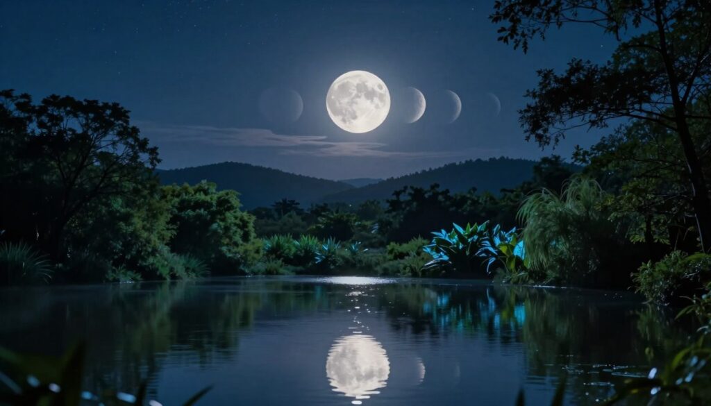 A serene night scene depicting the first quarter of the lunar phases over a tranquil landscape. In the foreground, a calm lake reflects the clear, half-illuminated moon, surrounded by lush greenery. Silhouetted trees frame the sides of the image, enhancing the serene atmosphere. In the middle ground, a subtle light glows behind the moon, casting soft shadows and illuminating nearby plants with a cool blue hue, suggesting the pull to action associated with this lunar phase. In the background, gentle hills rise under a starry sky, adding depth to the scene. The composition conveys a mood of inspiration and motivation, encouraging viewers to take action on their concepts aligned with the moon's energy. This enchanting scene is captured with a wide-angle lens, showcasing the expansive night sky above.