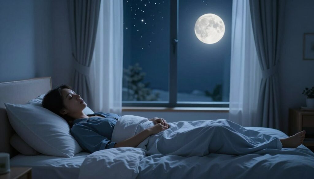A serene night scene depicting the influence of the moon on sleep patterns. In the foreground, a tranquil bedroom setting with a cozy bed draped in soft linens and pillows reflecting a calming blue hue, suggesting sleep. To the left, a person in modest, professional sleepwear peacefully resting, their expression serene and relaxed. The middle ground showcases a large window with sheer curtains, allowing soft moonlight to cascade into the room, illuminating the space with a gentle, silvery glow. In the background, a clear night sky with a full moon surrounded by softly glowing stars, symbolizing the lunar influence. The overall mood is calm and restful, evoking a sense of tranquility and connection to natural rhythms. Ambient lighting creates a soothing atmosphere, captured with a wide-angle perspective that draws the viewer into the scene.