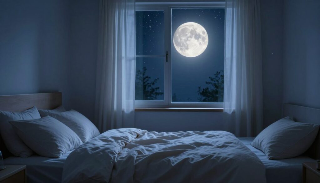 A serene night scene depicting the influence of the moon on sleep. In the foreground, a peaceful bedroom with a neatly made bed, soft pillows, and a light, airy blanket, creating a sense of tranquility. The middle ground features a large window with sheer curtains, allowing moonlight to softly illuminate the room, casting gentle shadows. Outside, a bright, full moon hangs in a clear night sky, surrounded by twinkling stars, symbolizing the connection to sleep patterns. Enhance the atmosphere with soft, blue-tinted lighting that evokes calmness and introspection. The composition captures a sense of harmony between the lunar phase and human behavior. Use a wide-angle lens effect to emphasize the open space, creating a feeling of serenity and introspection. A serene night scene depicting the influence of the moon on sleep. In the foreground, a peaceful bedroom with a neatly made bed, soft pillows, and a light, airy blanket, creating a sense of tranquility. The middle ground features a large window with sheer curtains, allowing moonlight to softly illuminate the room, casting gentle shadows. Outside, a bright, full moon hangs in a clear night sky, surrounded by twinkling stars, symbolizing the connection to sleep patterns. Enhance the atmosphere with soft, blue-tinted lighting that evokes calmness and introspection. The composition captures a sense of harmony between the lunar phase and human behavior. Use a wide-angle lens effect to emphasize the open space, creating a feeling of serenity and introspection.