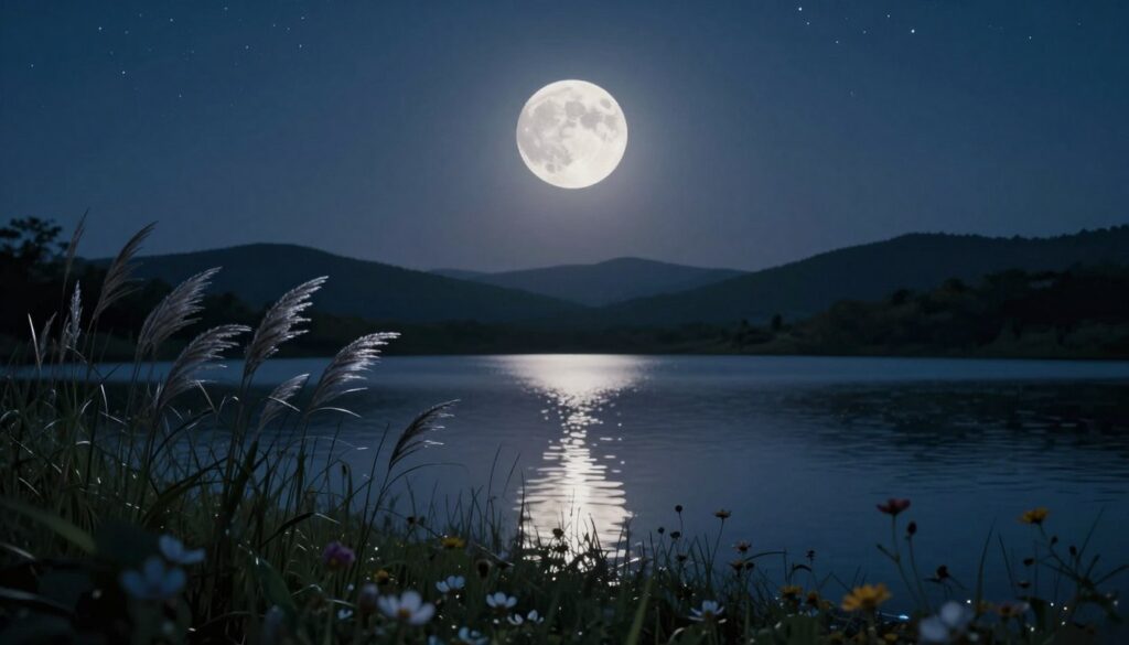 A serene night scene depicting the last quarter moon illuminating a tranquil landscape. In the foreground, delicate silhouettes of gently swaying grasses and blooming wildflowers reflect soft silver light, symbolizing growth and introspection. In the middle ground, a calm lake mirrors the moon's glow, with subtle ripples hinting at the theme of release and reflection. The background features rolling hills under a velvety night sky filled with twinkling stars, enhancing the feeling of peace and contemplation. Use soft, cool lighting with a focus on the moon, shot with a wide-angle lens, and capture a tranquil, meditative atmosphere that encourages thoughtfulness. The overall mood should evoke a sense of closure and readiness for new beginnings. A serene night scene depicting the last quarter moon illuminating a tranquil landscape. In the foreground, delicate silhouettes of gently swaying grasses and blooming wildflowers reflect soft silver light, symbolizing growth and introspection. In the middle ground, a calm lake mirrors the moon's glow, with subtle ripples hinting at the theme of release and reflection. The background features rolling hills under a velvety night sky filled with twinkling stars, enhancing the feeling of peace and contemplation. Use soft, cool lighting with a focus on the moon, shot with a wide-angle lens, and capture a tranquil, meditative atmosphere that encourages thoughtfulness. The overall mood should evoke a sense of closure and readiness for new beginnings.