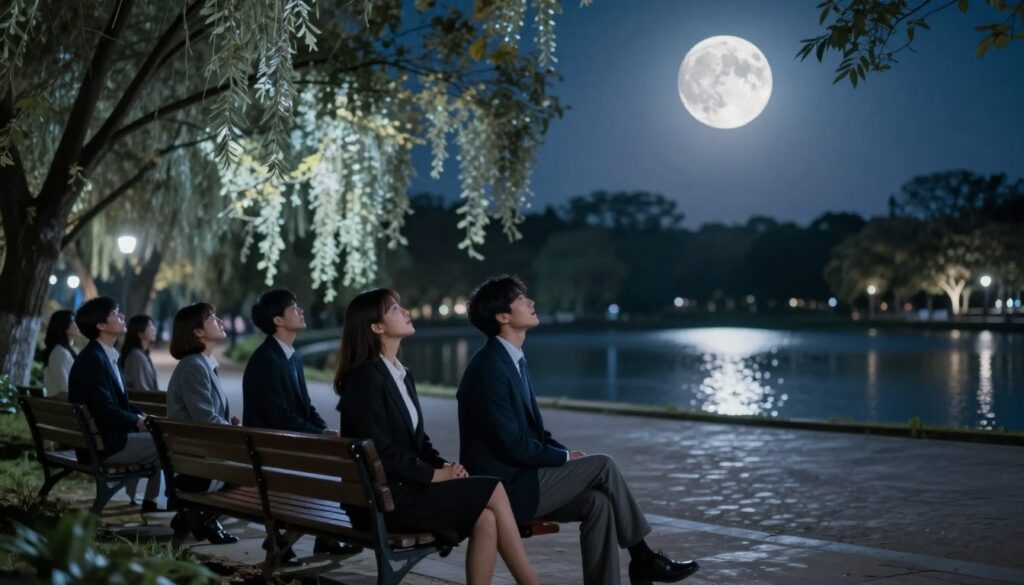 A serene night scene depicting the lunar influence on human emotions, set in a tranquil park. In the foreground, a diverse group of people in professional business attire are seated on benches, gazing up at a bright, full moon casting silver light over their faces, revealing a mix of joy, contemplation, and serenity. The middle ground features glowing trees with delicate branches swaying gently, while soft shadows create a sense of depth. In the background, a calm lake reflects the moon's brightness, surrounded by softly lit walking paths. The atmosphere is dreamy and introspective, conveying a mystical connection between the moon and human behavior. Capture this scene using a soft focus lens to enhance the ethereal quality, incorporating deep blues and silvers to evoke feelings of tranquility and reflection. A serene night scene depicting the lunar influence on human emotions, set in a tranquil park. In the foreground, a diverse group of people in professional business attire are seated on benches, gazing up at a bright, full moon casting silver light over their faces, revealing a mix of joy, contemplation, and serenity. The middle ground features glowing trees with delicate branches swaying gently, while soft shadows create a sense of depth. In the background, a calm lake reflects the moon's brightness, surrounded by softly lit walking paths. The atmosphere is dreamy and introspective, conveying a mystical connection between the moon and human behavior. Capture this scene using a soft focus lens to enhance the ethereal quality, incorporating deep blues and silvers to evoke feelings of tranquility and reflection.