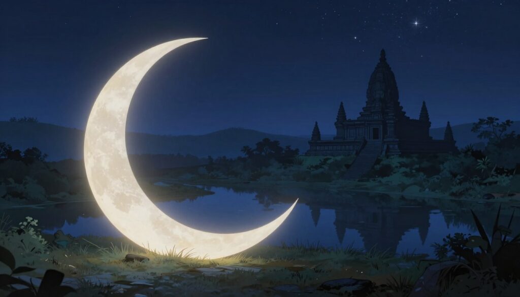 A serene night scene depicting the moon as a powerful symbol in dreams. In the foreground, an elegant crescent moon glows softly, casting a gentle light on a tranquil landscape. A silhouette of an ancient stone temple rises majestically against the moonlight, representing historical beliefs and spirituality. In the middle ground, a dreamy landscape with lush hills and a calm lake reflects the moon's ethereal light, creating a sense of mystery and introspection. The background features twinkling stars scattered across a deep indigo sky, adding depth and wonder. The atmosphere is tranquil and mystical, invoking feelings of exploration and contemplation. Use soft, ambient lighting to enhance the dreamlike quality, shot at a slightly elevated angle to provide a panoramic view of this enchanting scene. A serene night scene depicting the moon as a powerful symbol in dreams. In the foreground, an elegant crescent moon glows softly, casting a gentle light on a tranquil landscape. A silhouette of an ancient stone temple rises majestically against the moonlight, representing historical beliefs and spirituality. In the middle ground, a dreamy landscape with lush hills and a calm lake reflects the moon's ethereal light, creating a sense of mystery and introspection. The background features twinkling stars scattered across a deep indigo sky, adding depth and wonder. The atmosphere is tranquil and mystical, invoking feelings of exploration and contemplation. Use soft, ambient lighting to enhance the dreamlike quality, shot at a slightly elevated angle to provide a panoramic view of this enchanting scene.