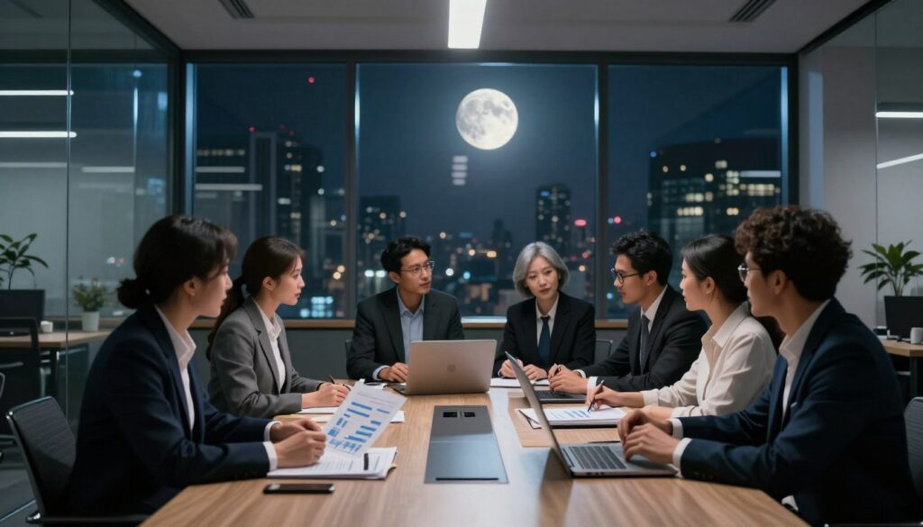 A serene night scene featuring a bright First Quarter Moon, casting soft, silver light across a modern office environment. In the foreground, a diverse group of business professionals, dressed in smart business attire, actively engaging in a decision-making meeting around a sleek conference table. They are studying charts and graphs illuminated by a faint glow from a large window, with architectural city views in the background. The room is filled with a sleek aesthetic, with glass walls and contemporary decor, creating an atmosphere of innovation and action. The lighting is warm yet subtle, enhancing focus and clarity. The mood conveys determination and collaboration, symbolizing the ideal conditions for making impactful business decisions during the First Quarter Moon phase.