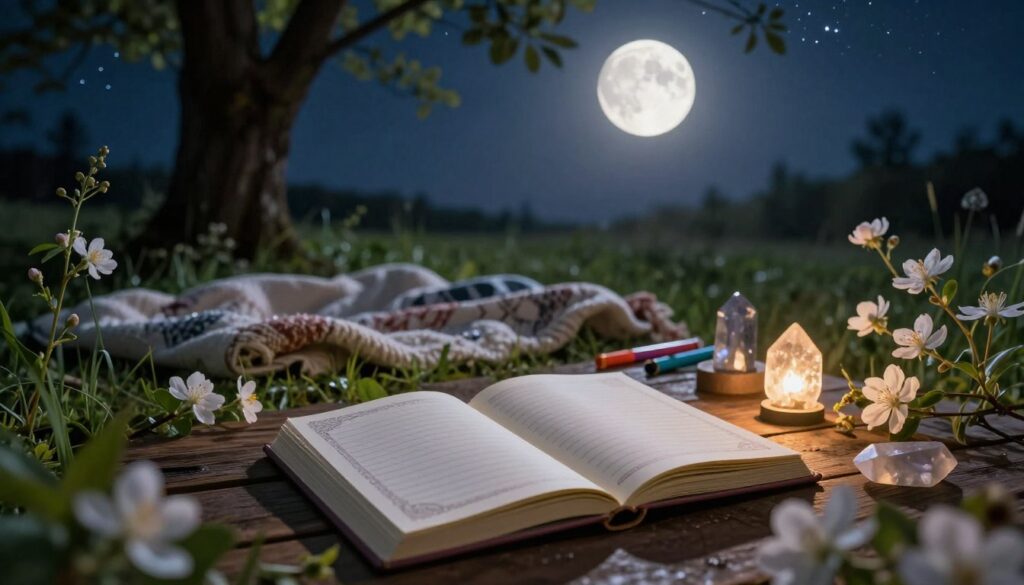 A serene night scene featuring a full moon casting a soft, silvery light over a tranquil outdoor setting. In the foreground, a beautifully designed journal lies open on a wooden table, surrounded by lush greenery and delicate wildflowers. Blossoms gently illuminated by the moonlight frame the journal, inviting contemplation. In the middle, a cozy blanket is spread beneath a tree, with a few craft supplies, like colored pens and crystals, artistically arranged. The background showcases a clear sky filled with stars, emphasizing the magical atmosphere of a full moon night. The overall mood is peaceful and inspiring, encouraging creativity and reflection, with warm, soft lighting enhancing the intimate feel of the scene, shot from a slightly elevated angle for depth. A serene night scene featuring a full moon casting a soft, silvery light over a tranquil outdoor setting. In the foreground, a beautifully designed journal lies open on a wooden table, surrounded by lush greenery and delicate wildflowers. Blossoms gently illuminated by the moonlight frame the journal, inviting contemplation. In the middle, a cozy blanket is spread beneath a tree, with a few craft supplies, like colored pens and crystals, artistically arranged. The background showcases a clear sky filled with stars, emphasizing the magical atmosphere of a full moon night. The overall mood is peaceful and inspiring, encouraging creativity and reflection, with warm, soft lighting enhancing the intimate feel of the scene, shot from a slightly elevated angle for depth.