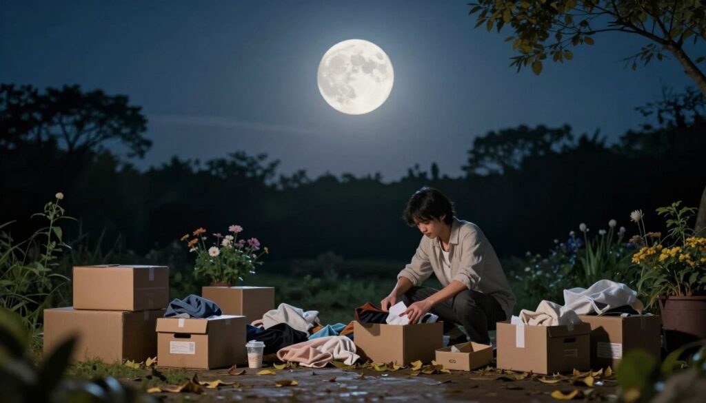 A serene night scene featuring a full moon shining brightly in a clear sky, casting a soft, silvery glow. In the foreground, an organized outdoor space is depicted with neatly stacked boxes and gently scattered leaves, symbolizing decluttering. A person in modest casual clothing is seen thoughtfully sorting through personal items, reflecting a sense of release and tranquility. The middle ground captures a subtle arrangement of plants and flowers, enhancing the calming atmosphere. In the background, silhouette shapes of trees frame the moonlit sky, creating a peaceful ambiance. The overall mood conveys cleansing and renewal, with soft lighting highlighting the clarity and focus needed for letting go. The angle captures the scene from a slight elevation, providing a broad view of the decluttering process under the full moon.