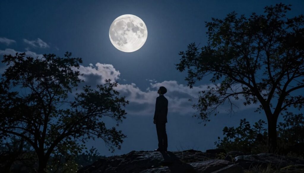 A serene night scene featuring a luminous First Quarter Moon hanging high in a deep indigo sky. In the foreground, a person in professional attire stands on a rocky outcrop, gazing up thoughtfully at the moon, symbolizing contemplation and focus. The middle ground includes silhouetted trees that frame the scene, their branches stretching upward, representing growth and overcoming challenges. In the background, light clouds softly drift past the moon, illuminated by its glow, creating an ethereal atmosphere. The lighting should be soft yet bright enough to highlight the moon's craters and features, casting gentle shadows on the ground. The mood is hopeful and introspective, evoking a sense of determination and clarity in the pursuit of personal goals. A serene night scene featuring a luminous First Quarter Moon hanging high in a deep indigo sky. In the foreground, a person in professional attire stands on a rocky outcrop, gazing up thoughtfully at the moon, symbolizing contemplation and focus. The middle ground includes silhouetted trees that frame the scene, their branches stretching upward, representing growth and overcoming challenges. In the background, light clouds softly drift past the moon, illuminated by its glow, creating an ethereal atmosphere. The lighting should be soft yet bright enough to highlight the moon's craters and features, casting gentle shadows on the ground. The mood is hopeful and introspective, evoking a sense of determination and clarity in the pursuit of personal goals.