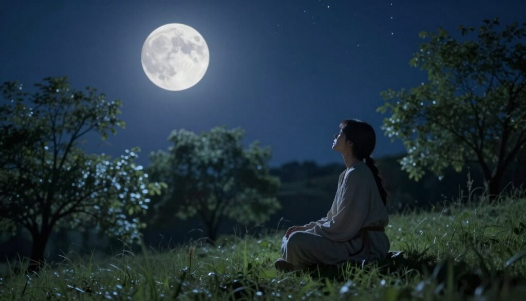 A serene night scene featuring a luminous full moon casting a gentle glow over a tranquil landscape. In the foreground, a calm figure sitting cross-legged on a grassy hill, dressed in modest, flowing attire, gazing up at the moon. The middle ground consists of softly swaying trees, their leaves shimmering in the moonlight, encapsulating a sense of harmony and connection. The background is a deep indigo sky sprinkled with twinkling stars, enhancing the mystical atmosphere. The lighting should evoke a soft, ethereal quality, with the moonlight illuminating the figure's face, highlighting an expression of introspection and emotional depth. The overall mood is peaceful and contemplative, reflecting the profound bond between the lunar phases and human intuition.