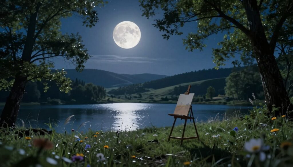 A serene night scene featuring a luminous full moon casting a silvery glow over a tranquil landscape. In the foreground, a silhouette of an artist's easel with a half-finished canvas is positioned on a grassy hill, adorned with wildflowers that gently sway in a soft breeze. The middle ground showcases a shimmering lake reflecting the moonlight, framed by majestic trees whose leaves twinkle under the moon’s glow. In the background, rolling hills fade into a starry sky, creating a sense of depth and tranquility. The atmosphere is calm and inspiring, accentuated by soft, ethereal lighting that emanates from the moon. The angle is slightly elevated, capturing the vastness of the night sky and enveloping the entire scene in a creative and contemplative mood. A serene night scene featuring a luminous full moon casting a silvery glow over a tranquil landscape. In the foreground, a silhouette of an artist's easel with a half-finished canvas is positioned on a grassy hill, adorned with wildflowers that gently sway in a soft breeze. The middle ground showcases a shimmering lake reflecting the moonlight, framed by majestic trees whose leaves twinkle under the moon’s glow. In the background, rolling hills fade into a starry sky, creating a sense of depth and tranquility. The atmosphere is calm and inspiring, accentuated by soft, ethereal lighting that emanates from the moon. The angle is slightly elevated, capturing the vastness of the night sky and enveloping the entire scene in a creative and contemplative mood.