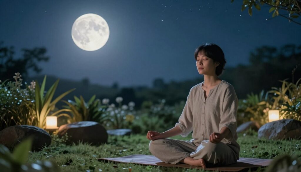 A serene night scene featuring a tranquil lunar meditation practice. In the foreground, a person in modest casual clothing sits cross-legged on a soft mat, eyes gently closed, embodying peace as they meditate under the soft glow of a full moon. The middle layer includes a lush garden with softly illuminated plants and stones, enhancing a sense of connection with nature. The background reveals a clear night sky filled with stars, with the luminous moon casting a soothing light over the scene. Use soft, cool colors to evoke tranquility, and a soft focus effect to create an ethereal atmosphere. The lighting should highlight the meditation subject while maintaining a gentle mood, emphasizing the depth of inner reflection encouraged by the moon's presence. A serene night scene featuring a tranquil lunar meditation practice. In the foreground, a person in modest casual clothing sits cross-legged on a soft mat, eyes gently closed, embodying peace as they meditate under the soft glow of a full moon. The middle layer includes a lush garden with softly illuminated plants and stones, enhancing a sense of connection with nature. The background reveals a clear night sky filled with stars, with the luminous moon casting a soothing light over the scene. Use soft, cool colors to evoke tranquility, and a soft focus effect to create an ethereal atmosphere. The lighting should highlight the meditation subject while maintaining a gentle mood, emphasizing the depth of inner reflection encouraged by the moon's presence.