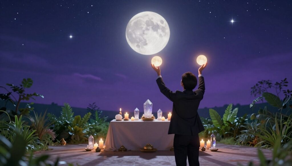 A serene night scene focusing on moon manifestation techniques for prosperity. In the foreground, a tranquil figure in professional business attire stands with arms raised towards a luminous full moon, surrounded by soft, glowing orbs symbolizing abundance. The middle ground features a delicate altar adorned with crystals, candles, and lush greenery, casting gentle shadows. In the background, a starry sky fades gracefully into shades of deep indigo and violet, with scattered stars twinkling brightly. The lighting is ethereal, with moonbeams illuminating the scene, creating a magical and uplifting atmosphere. The composition evokes a sense of hope, prosperity, and harmony, inspiring viewers to embrace abundance through the lunar cycle.