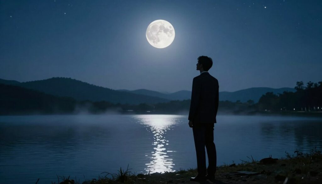 A serene night scene showcasing a full moon casting soft light over a tranquil landscape. In the foreground, a silhouette of a person in professional business attire stands, gazing thoughtfully at the moon, embodying contemplation and emotional resilience. The middle ground features a calm lake reflecting the moonlight, symbolizing clarity and introspection. The background reveals gentle hills under a starry sky, creating a sense of vastness and tranquility. The atmosphere is peaceful and introspective, with cool blue and silver tones dominating the palette. Soft highlights illuminate the scene, enhancing the calming mood, while a slight mist hovers over the lake, adding an ethereal quality. The image should evoke a deep sense of connection between nature and mental well-being. A serene night scene showcasing a full moon casting soft light over a tranquil landscape. In the foreground, a silhouette of a person in professional business attire stands, gazing thoughtfully at the moon, embodying contemplation and emotional resilience. The middle ground features a calm lake reflecting the moonlight, symbolizing clarity and introspection. The background reveals gentle hills under a starry sky, creating a sense of vastness and tranquility. The atmosphere is peaceful and introspective, with cool blue and silver tones dominating the palette. Soft highlights illuminate the scene, enhancing the calming mood, while a slight mist hovers over the lake, adding an ethereal quality. The image should evoke a deep sense of connection between nature and mental well-being.