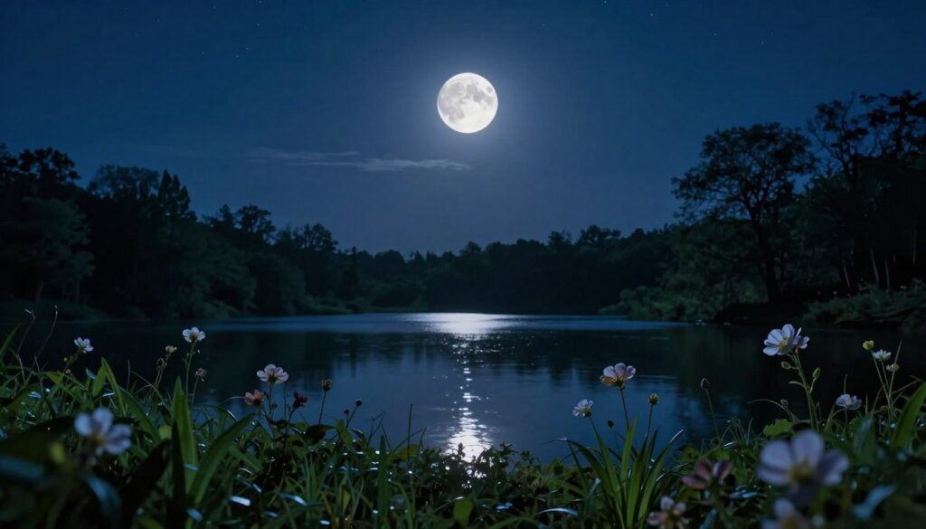 A serene night scene showcasing a new moon, its crescent form slightly illuminated against a deep indigo sky sprinkled with faint stars. In the foreground, lush greenery reflects the gentle light, while delicate flowers bloom as symbols of femininity and renewal. The middle ground features a tranquil lake, its surface mirroring the moon's soft glow, embodying calmness and emotional depth. Silhouetted trees frame the scene, enhancing the sense of peace and introspection. The atmosphere evokes a sense of mystery and serenity, inviting viewers to ponder their emotions. The image is richly detailed with ethereal lighting, emphasizing shadows and reflections, captured with a wide-angle lens to enhance the expansive feel of the night. A serene night scene showcasing a new moon, its crescent form slightly illuminated against a deep indigo sky sprinkled with faint stars. In the foreground, lush greenery reflects the gentle light, while delicate flowers bloom as symbols of femininity and renewal. The middle ground features a tranquil lake, its surface mirroring the moon's soft glow, embodying calmness and emotional depth. Silhouetted trees frame the scene, enhancing the sense of peace and introspection. The atmosphere evokes a sense of mystery and serenity, inviting viewers to ponder their emotions. The image is richly detailed with ethereal lighting, emphasizing shadows and reflections, captured with a wide-angle lens to enhance the expansive feel of the night.
