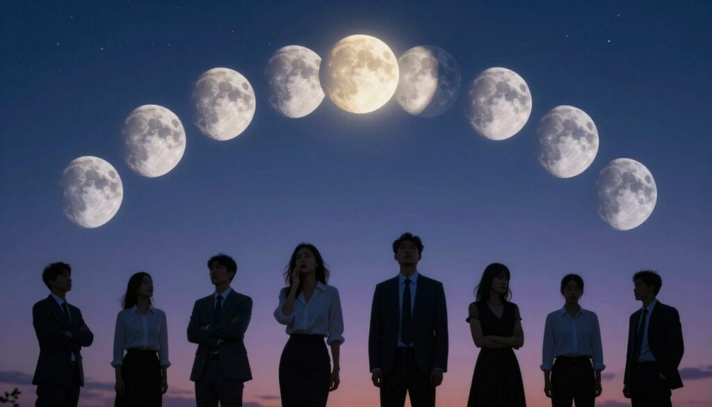 A serene night scene showcasing the eight distinct phases of the moon arranged in a semi-circle across the top, while the bottom half features silhouetted figures representing different motivation levels. The figures, dressed in professional attire, display a spectrum of emotions from enthusiasm to lethargy, subtly linked to the corresponding moon phases above. The background is a tranquil night sky filled with soft stars, with gentle blue and purple hues creating a calming atmosphere. Soft light emanates from the moon phases, casting a gentle glow on the figures, highlighting their expressions in a soft focus. The composition is balanced, with a slight upward angle to emphasize the grandeur of the lunar cycle and the dynamic interaction between emotions and lunar phases, creating a thoughtful and visually engaging illustration.