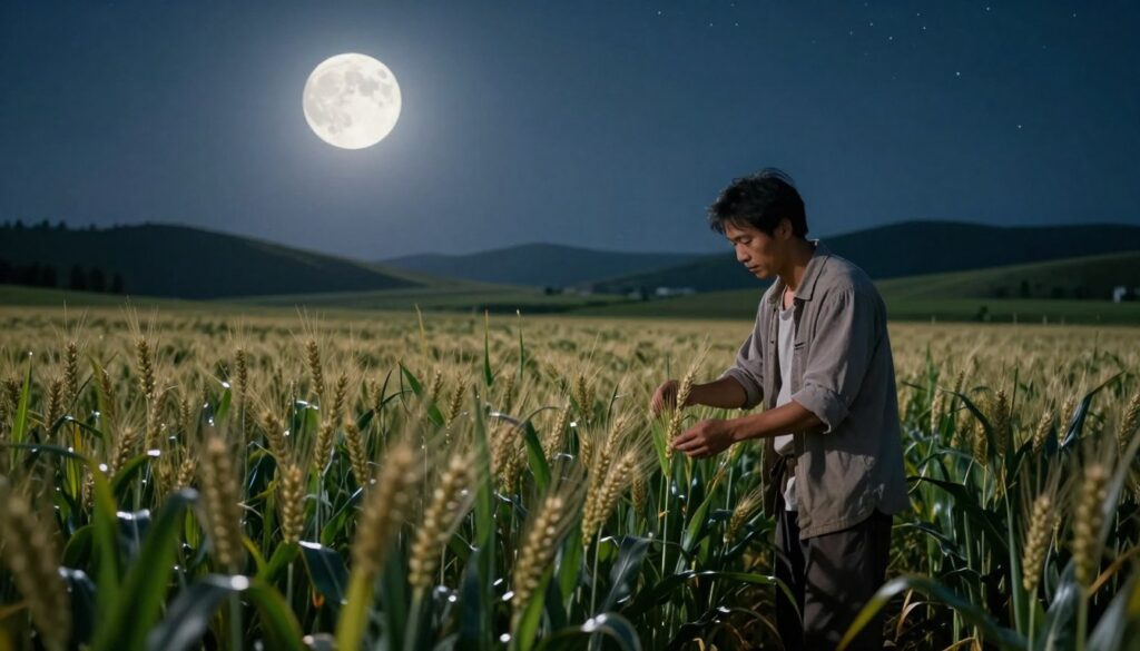 A serene night scene showcasing the lunar cycles impacting agriculture. In the foreground, a lush field with healthy crops, such as wheat and corn, shimmering softly under the full moonlight. In the middle ground, a farmer, dressed in modest casual clothing, is seen gently inspecting the plants, reflecting a sense of care and connection to nature. The background features rolling hills under a starry sky, with a bright, luminescent full moon casting a silvery glow over the landscape. Soft, warm lighting adds a tranquil atmosphere, evoking feelings of peace and harmony with nature. The scene is captured from a slightly elevated angle, creating depth and emphasizing the moon's significance in agricultural growth cycles.