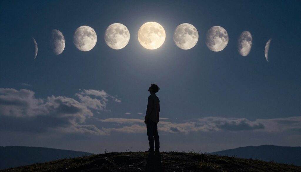 A serene night scene showcasing the lunar phases in a visually striking manner. In the foreground, depict a silhouette of a person standing on a hilltop, gazing upward with a contemplative expression, dressed in modest casual clothing. The middle ground features a luminous full moon casting a gentle glow, surrounded by the various phases of the moon transitioning across the sky, each illuminated uniquely. In the background, a starry night landscape, with soft clouds drifting by, enhances the ethereal mood. The lighting should be soft and dreamy, emulating a tranquil atmosphere that evokes feelings of introspection and connection to nature. Use a slightly wide-angle lens effect to capture the expansive view of the sky, inviting viewers into the scene. A serene night scene showcasing the lunar phases in a visually striking manner. In the foreground, depict a silhouette of a person standing on a hilltop, gazing upward with a contemplative expression, dressed in modest casual clothing. The middle ground features a luminous full moon casting a gentle glow, surrounded by the various phases of the moon transitioning across the sky, each illuminated uniquely. In the background, a starry night landscape, with soft clouds drifting by, enhances the ethereal mood. The lighting should be soft and dreamy, emulating a tranquil atmosphere that evokes feelings of introspection and connection to nature. Use a slightly wide-angle lens effect to capture the expansive view of the sky, inviting viewers into the scene.