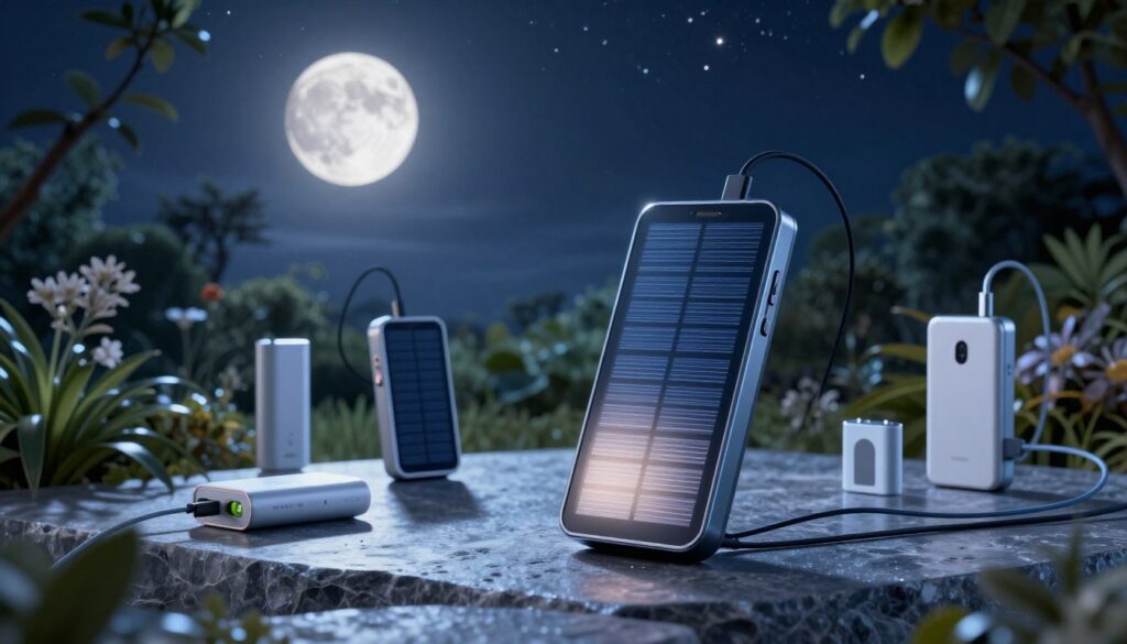 A serene night scene showcasing the mystical effects of moonlight on various charging tools. In the foreground, a sleek solar charger sits on a smooth stone surface, its panels glowing softly in the gentle light. Surrounding it are various battery packs and gadgets, all illuminated by the ethereal moonlight. In the middle ground, a lush garden is bathed in soft shades of blue and silver, with shadows dancing under the foliage. The background features a clear night sky filled with twinkling stars, creating a tranquil atmosphere. The lighting is cool and calming, with a focus on the interplay of moonlight and technology. The angle should capture the essence of nighttime innovation, emphasizing harmony between nature and charging solutions.