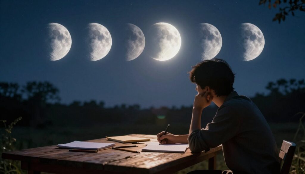 A serene night scene showcasing the phases of the moon, with a prominent waxing crescent phase taking center stage. In the foreground, a silhouette of a person thoughtfully brainstorming, seated at a rustic wooden table, surrounded by scattered notepads and pencils, capturing the essence of creative momentum. The middle ground features a gently illuminated night sky, where the crescent moon glows softly, casting a calm light over the scene. In the background, softly blurred treetops under a starry sky enhance the tranquil atmosphere. Use soft, natural lighting to create a peaceful and inspiring mood, with a slight lens flare to evoke warmth and creativity, focusing on a wide-angle shot for depth.