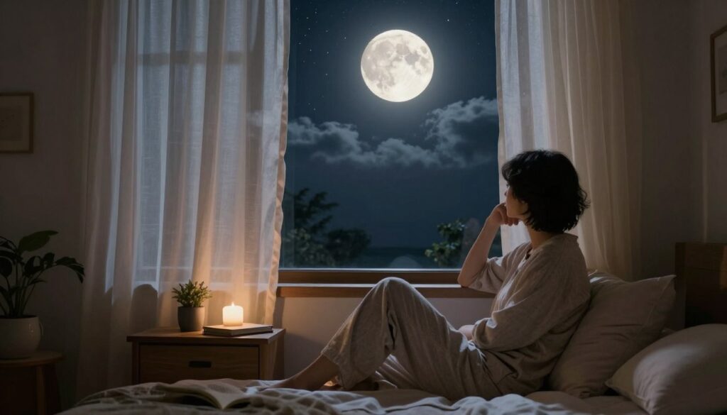 A serene night scene showcasing the powerful influence of the moon on mood. In the foreground, a cozy bedroom with a window revealing a bright, full moon illuminating soft sheer curtains, casting gentle shadows across the room. A person, dressed in comfortable, casual sleepwear, is seen gazing thoughtfully at the moon, exuding a sense of tranquility. In the middle ground, a bedside table adorned with calming items like a small plant and a journal captures the mood of reflection. The background features a starry night sky, with the moon surrounded by wispy clouds, creating an ethereal atmosphere. Soft, warm lighting enhances the overall feeling of peace and introspection, highlighting the connection between lunar presence and emotional state. The image conveys a sense of calmness and connection to the universe. A serene night scene showcasing the powerful influence of the moon on mood. In the foreground, a cozy bedroom with a window revealing a bright, full moon illuminating soft sheer curtains, casting gentle shadows across the room. A person, dressed in comfortable, casual sleepwear, is seen gazing thoughtfully at the moon, exuding a sense of tranquility. In the middle ground, a bedside table adorned with calming items like a small plant and a journal captures the mood of reflection. The background features a starry night sky, with the moon surrounded by wispy clouds, creating an ethereal atmosphere. Soft, warm lighting enhances the overall feeling of peace and introspection, highlighting the connection between lunar presence and emotional state. The image conveys a sense of calmness and connection to the universe.