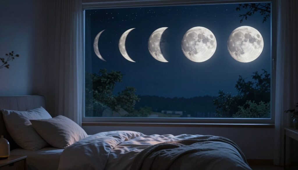 A serene night scene showcasing the various phases of the moon influencing a peaceful bedroom atmosphere. In the foreground, a cozy bed with soft, inviting linens is illuminated by gentle moonlight streaming through a large window. In the middle, different phases of the moon from crescent to full moon are artistically arranged against a deep indigo sky, creating a sense of cosmic wonder. The background features softly swaying trees and twinkling stars, enhancing the tranquil mood. The lighting is soft and ethereal, casting delicate shadows that evoke a calm and reflective ambiance. The image captures the connection between lunar phases and sleep quality, inviting viewers into a serene exploration of their night-time environment.