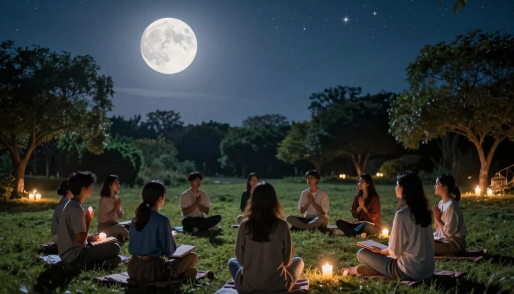 A serene night scene under a bright, full moon, illuminating a peaceful outdoor setting. In the foreground, a diverse group of people in modest casual clothing are practicing gratitude exercises, sitting in a circle on a soft, grassy area. Each person holds a small journal or crystal, reflecting their inner thoughts. The middle layer features lush trees and gentle, flickering candles that cast a warm, inviting glow. The background showcases twinkling stars scattered across the night sky, enhancing the tranquil atmosphere. The scene is bathed in a soft blue and silver hue, creating a calming mood. Use a slightly elevated angle to capture the connection among participants as they engage in this reflective practice. A serene night scene under a bright, full moon, illuminating a peaceful outdoor setting. In the foreground, a diverse group of people in modest casual clothing are practicing gratitude exercises, sitting in a circle on a soft, grassy area. Each person holds a small journal or crystal, reflecting their inner thoughts. The middle layer features lush trees and gentle, flickering candles that cast a warm, inviting glow. The background showcases twinkling stars scattered across the night sky, enhancing the tranquil atmosphere. The scene is bathed in a soft blue and silver hue, creating a calming mood. Use a slightly elevated angle to capture the connection among participants as they engage in this reflective practice.