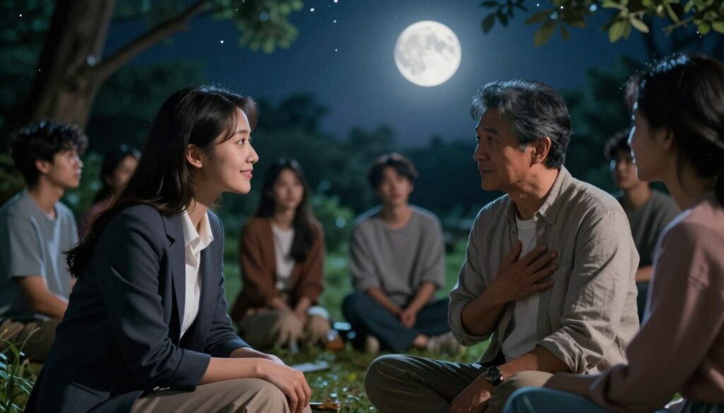 A serene night scene under a full moon, casting a soft, silvery glow over a diverse group of people engaged in deep conversation, embodying understanding and compassion. In the foreground, a young woman in professional attire leans forward, her expression warm and attentive, while a middle-aged man beside her, dressed in modest casual wear, gently touches his heart, showing empathy. The middle area features soft shadows and vibrant, calm colors, representing deep emotional connection and shared experiences. In the background, a lush forest bathed in moonlight enhances the atmosphere, with twinkling stars above, creating a feeling of peace and introspection. The overall lighting is soft and inviting, evoking a sense of tranquility and connection. A serene night scene under a full moon, casting a soft, silvery glow over a diverse group of people engaged in deep conversation, embodying understanding and compassion. In the foreground, a young woman in professional attire leans forward, her expression warm and attentive, while a middle-aged man beside her, dressed in modest casual wear, gently touches his heart, showing empathy. The middle area features soft shadows and vibrant, calm colors, representing deep emotional connection and shared experiences. In the background, a lush forest bathed in moonlight enhances the atmosphere, with twinkling stars above, creating a feeling of peace and introspection. The overall lighting is soft and inviting, evoking a sense of tranquility and connection.