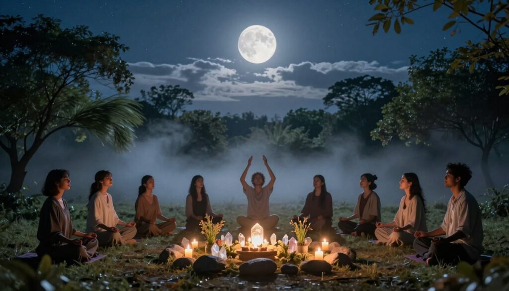 A serene night scene under a full moon, illuminating an outdoor ritual space. In the foreground, a small circle of stones surrounds a glowing altar decorated with crystals, candles, and herbs, casting warm flickering light. A diverse group of individuals in modest casual clothing stand in a meditative pose, their faces calm and focused, hands raised toward the moon. The middle ground features lush trees gently swaying in the breeze, framed by ethereal mist that enhances the mystical atmosphere. The background showcases a clear starry sky, with wispy clouds partially veiling the moon. The lighting is soft and mystical, creating a tranquil, empowering mood ideal for harnessing lunar energy. A wide-angle lens captures the expansive night sky, emphasizing the connection between the ritual and the cosmos. A serene night scene under a full moon, illuminating an outdoor ritual space. In the foreground, a small circle of stones surrounds a glowing altar decorated with crystals, candles, and herbs, casting warm flickering light. A diverse group of individuals in modest casual clothing stand in a meditative pose, their faces calm and focused, hands raised toward the moon. The middle ground features lush trees gently swaying in the breeze, framed by ethereal mist that enhances the mystical atmosphere. The background showcases a clear starry sky, with wispy clouds partially veiling the moon. The lighting is soft and mystical, creating a tranquil, empowering mood ideal for harnessing lunar energy. A wide-angle lens captures the expansive night sky, emphasizing the connection between the ritual and the cosmos.