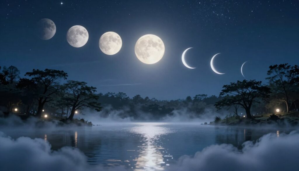 A serene night sky bustling with the lunar cycle's phases, ranging from a glowing full moon to a delicate crescent. In the foreground, an ethereal landscape features a tranquil lake that reflects the moonlight, surrounded by soft, billowing clouds. The middle ground presents silhouettes of gently swaying trees, symbolizing harmony with nature, while soft, glowing orbs of light represent moments of mental clarity. The background boasts a starry expanse, with shades of deep blue and silver, imparting a calm and introspective mood. The scene is illuminated by soft, natural light, giving it a dreamlike quality, emphasizing the connection between the lunar cycle and mental clarity. A slight mist hovers over the water, enhancing the atmosphere of tranquility and focus. A serene night sky bustling with the lunar cycle's phases, ranging from a glowing full moon to a delicate crescent. In the foreground, an ethereal landscape features a tranquil lake that reflects the moonlight, surrounded by soft, billowing clouds. The middle ground presents silhouettes of gently swaying trees, symbolizing harmony with nature, while soft, glowing orbs of light represent moments of mental clarity. The background boasts a starry expanse, with shades of deep blue and silver, imparting a calm and introspective mood. The scene is illuminated by soft, natural light, giving it a dreamlike quality, emphasizing the connection between the lunar cycle and mental clarity. A slight mist hovers over the water, enhancing the atmosphere of tranquility and focus.