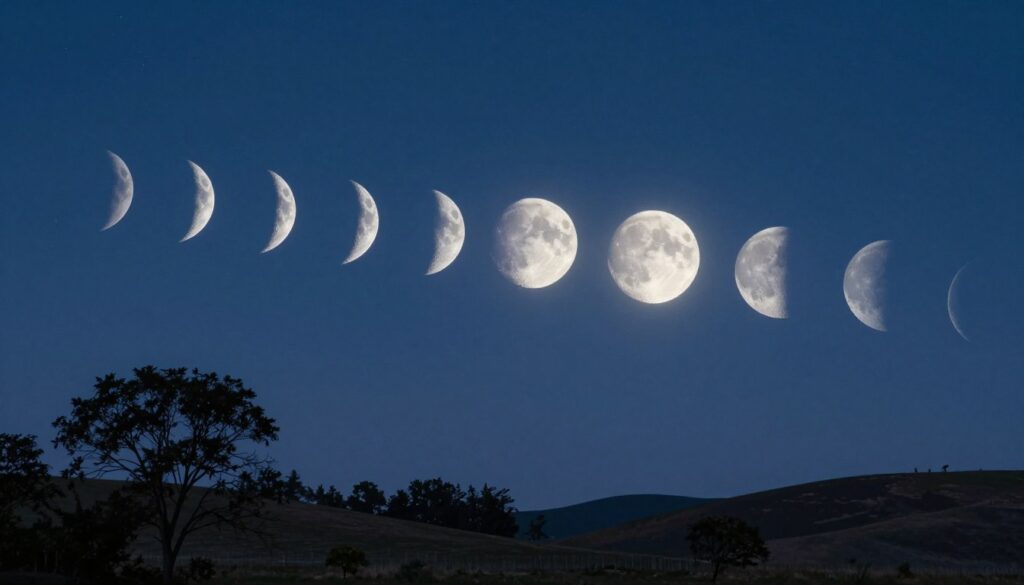 A serene night sky capturing the various lunar phases, each representing an ideal stage for starting new projects. The foreground features a tranquil landscape with delicate silhouettes of trees and gentle hills. In the middle ground, the moon cycles transition smoothly from new moon to waxing crescent, first quarter, waxing gibbous, full moon, and waning phases, each glowing with a soft silver light. The background showcases a deep blue twilight sky sprinkled with stars, enhancing the enchanting atmosphere. Use a low-angle shot to emphasize the grandeur of the moon against the expansive sky, with subtle, diffused lighting creating a calm, contemplative mood that invites inspiration and new beginnings. No text or other distractions in the image. A serene night sky capturing the various lunar phases, each representing an ideal stage for starting new projects. The foreground features a tranquil landscape with delicate silhouettes of trees and gentle hills. In the middle ground, the moon cycles transition smoothly from new moon to waxing crescent, first quarter, waxing gibbous, full moon, and waning phases, each glowing with a soft silver light. The background showcases a deep blue twilight sky sprinkled with stars, enhancing the enchanting atmosphere. Use a low-angle shot to emphasize the grandeur of the moon against the expansive sky, with subtle, diffused lighting creating a calm, contemplative mood that invites inspiration and new beginnings. No text or other distractions in the image.