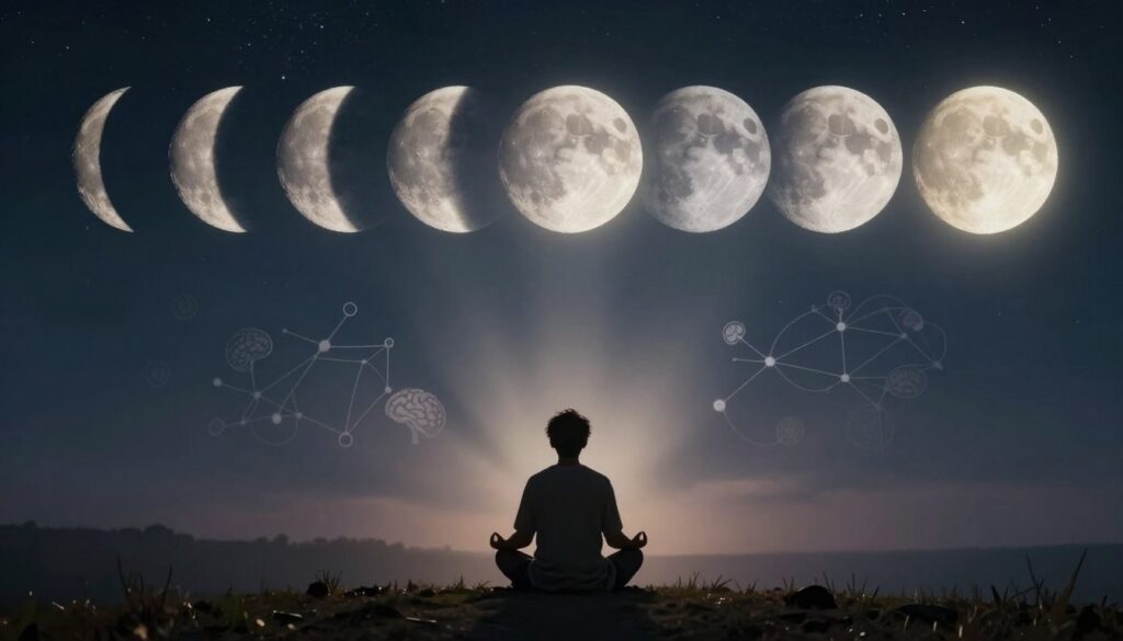 A serene night sky depicting the lunar cycles, with each phase of the moon represented in a gradient from new moon to full moon, intricately detailed. In the foreground, a silhouette of a person sitting cross-legged in a meditative pose, dressed in modest casual clothing, gazing upward, reflecting deep contemplation. The middle ground features softly glowing moonbeams illuminating the surroundings, while abstract representations of neural connections and brain synapses subtly blend with the lunar motifs, symbolizing cognitive function. The background showcases a starry sky, with a gentle mist that adds a mystical quality to the scene. The lighting is soft and ethereal, creating a calm and introspective mood, captured from a slightly elevated angle to enhance the sense of tranquility and wonder. A serene night sky depicting the lunar cycles, with each phase of the moon represented in a gradient from new moon to full moon, intricately detailed. In the foreground, a silhouette of a person sitting cross-legged in a meditative pose, dressed in modest casual clothing, gazing upward, reflecting deep contemplation. The middle ground features softly glowing moonbeams illuminating the surroundings, while abstract representations of neural connections and brain synapses subtly blend with the lunar motifs, symbolizing cognitive function. The background showcases a starry sky, with a gentle mist that adds a mystical quality to the scene. The lighting is soft and ethereal, creating a calm and introspective mood, captured from a slightly elevated angle to enhance the sense of tranquility and wonder.