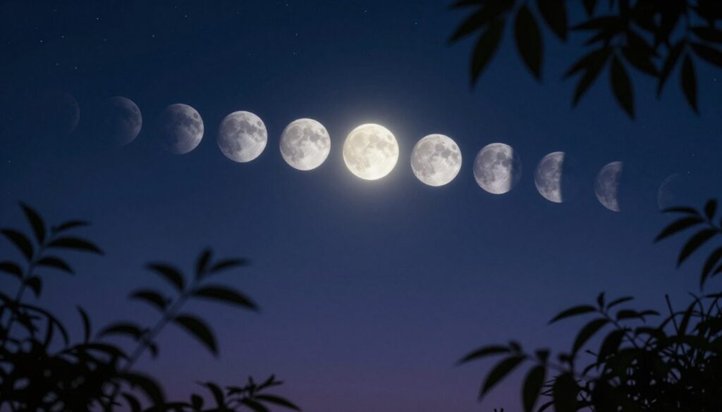 A serene night sky depicting the phases of the moon, each phase labeled gently around a luminous full moon in the center, representing mental clarity. In the foreground, delicate silhouettes of leaves and branches frame the scene, providing depth. The middle ground features a gradient transition of the night sky, shifting from deep indigo at the top to a lighter shade near the horizon, dotted with twinkling stars. Soft, ethereal lighting casts a calming glow around the full moon, enhancing its prominence and reflecting a sense of tranquility and introspection. The atmosphere is peaceful and contemplative, inviting reflection on the connections between lunar phases and mental clarity. The image should be composed with a slight upward angle, emphasizing the vastness of the sky while ensuring an engaging and harmonious layout. A serene night sky depicting the phases of the moon, each phase labeled gently around a luminous full moon in the center, representing mental clarity. In the foreground, delicate silhouettes of leaves and branches frame the scene, providing depth. The middle ground features a gradient transition of the night sky, shifting from deep indigo at the top to a lighter shade near the horizon, dotted with twinkling stars. Soft, ethereal lighting casts a calming glow around the full moon, enhancing its prominence and reflecting a sense of tranquility and introspection. The atmosphere is peaceful and contemplative, inviting reflection on the connections between lunar phases and mental clarity. The image should be composed with a slight upward angle, emphasizing the vastness of the sky while ensuring an engaging and harmonious layout.