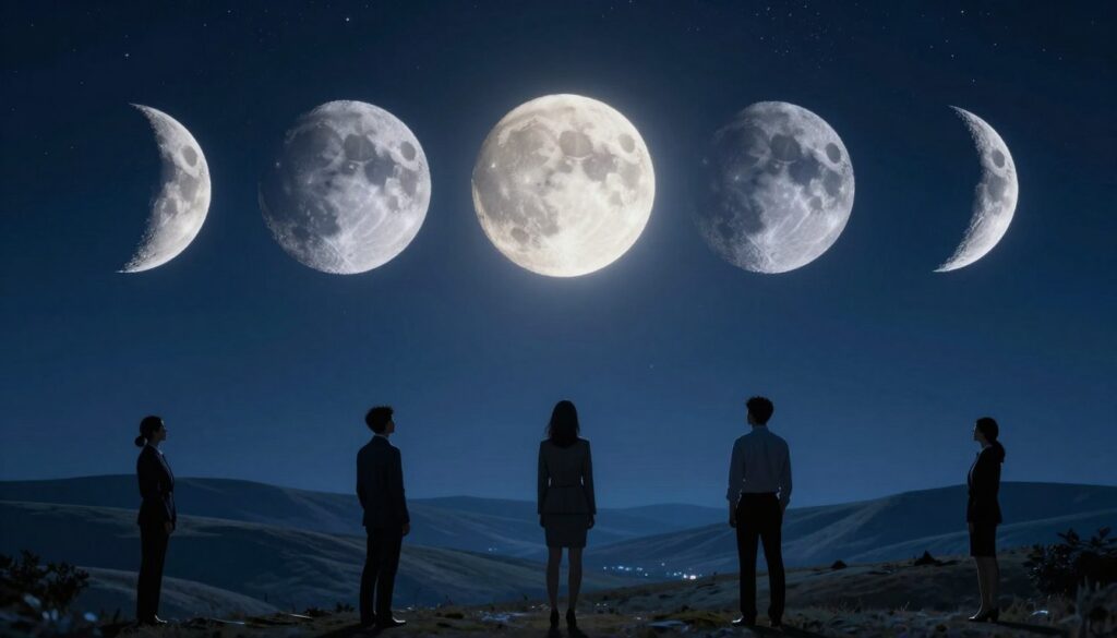 A serene night sky divided into distinct lunar phases: a new moon, waxing crescent, first quarter, waxing gibbous, full moon, waning gibbous, last quarter, and waning crescent, each glowing softly in shades of silver and blue. In the foreground, subtle human silhouettes dressed in professional business attire stand contemplatively, their expressions mirroring various emotions linked to each lunar phase – curiosity under the crescent, confidence at the full moon, and introspection with the waning phases. The middle ground features gently undulating hills bathed in moonlight, while the background fades into a deep navy blue sky filled with scattered stars. Soft, ethereal lighting enhances the emotional resonance of each phase, creating a calm, reflective atmosphere that invites viewers to connect with their feelings in relation to the moon's cycle. A serene night sky divided into distinct lunar phases: a new moon, waxing crescent, first quarter, waxing gibbous, full moon, waning gibbous, last quarter, and waning crescent, each glowing softly in shades of silver and blue. In the foreground, subtle human silhouettes dressed in professional business attire stand contemplatively, their expressions mirroring various emotions linked to each lunar phase – curiosity under the crescent, confidence at the full moon, and introspection with the waning phases. The middle ground features gently undulating hills bathed in moonlight, while the background fades into a deep navy blue sky filled with scattered stars. Soft, ethereal lighting enhances the emotional resonance of each phase, creating a calm, reflective atmosphere that invites viewers to connect with their feelings in relation to the moon's cycle.